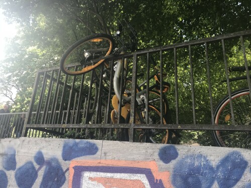 Obike an Geländer, in Isarnähe, München