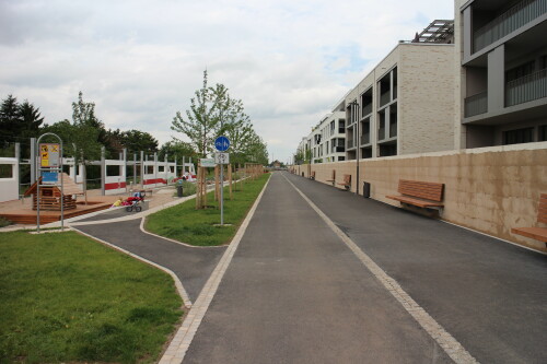 Ziel der Stadtplanung im Projekt "Bahnstadt" war es u. a. ein möglichst zukunftsfähiges, urbanes Wohnviertel mit hoher Lebensqualität zu schaffen. Das Viertel entstand auf einem alten Rangierbahnhof. Hier ein Blick stadtauswärts entlang des neuen Grünzugs.

In diesem Erholungsgürtel auf alten Bahntrassen gibt es eine eigene Nahmobilitätsverbindung für den Rad- und Fußverkehr Richtung Heidelberg Stadtmitte. Hier gibt es vorbildlicher Weise eine Separation Rad- und Fußverkehr: Links der Radbereich, rechts der Gehbereich. Links ferner ein Spielplatz, bei dem das Thema Bahn aufgegriffen wurde: Es entstand ein ICE zum Spielen. Projektseite: http://heidelberg-bahnstadt.de/