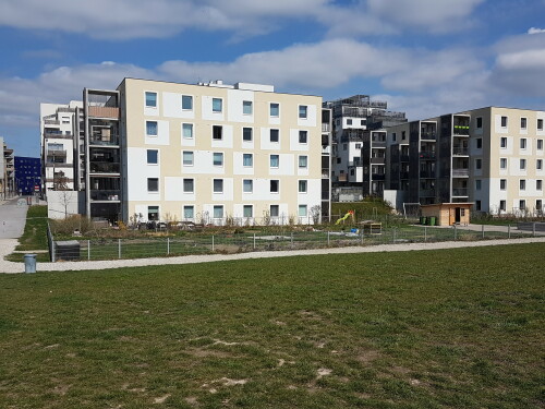 Randbebauung des Madame d'Ora Parks in der Wiener Seestadt Aspern. Davor befindet sich der Gemeinschaftsgarten, welcher der größte Gemeinschaftsgarten der österreichischen Hauptstadt ist.