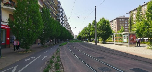 Die Avenida de Gasteiz ist eine vierstreifige Hauptstraße im Westen der spanischen Stadt Vitoria-Gasteiz. Die Straße wurde hinsichtlich aktueller Anforderungen in den Bereichen Mobilität, biologische Vielfalt, Wasser, Energie und öffentlicher Raum umgestaltet. Die notwendigen Flächen für einen 5 m breiten Gehweg, beidseitige Zweirichtungsradwege, blau-grüne Elemente wie bspw. das Freilegen des Baches Batán und die Pflanzung von Bäumen und Büschen wurden u.a. durch das Aufheben des straßenbegleitenden Parkens gewonnen.